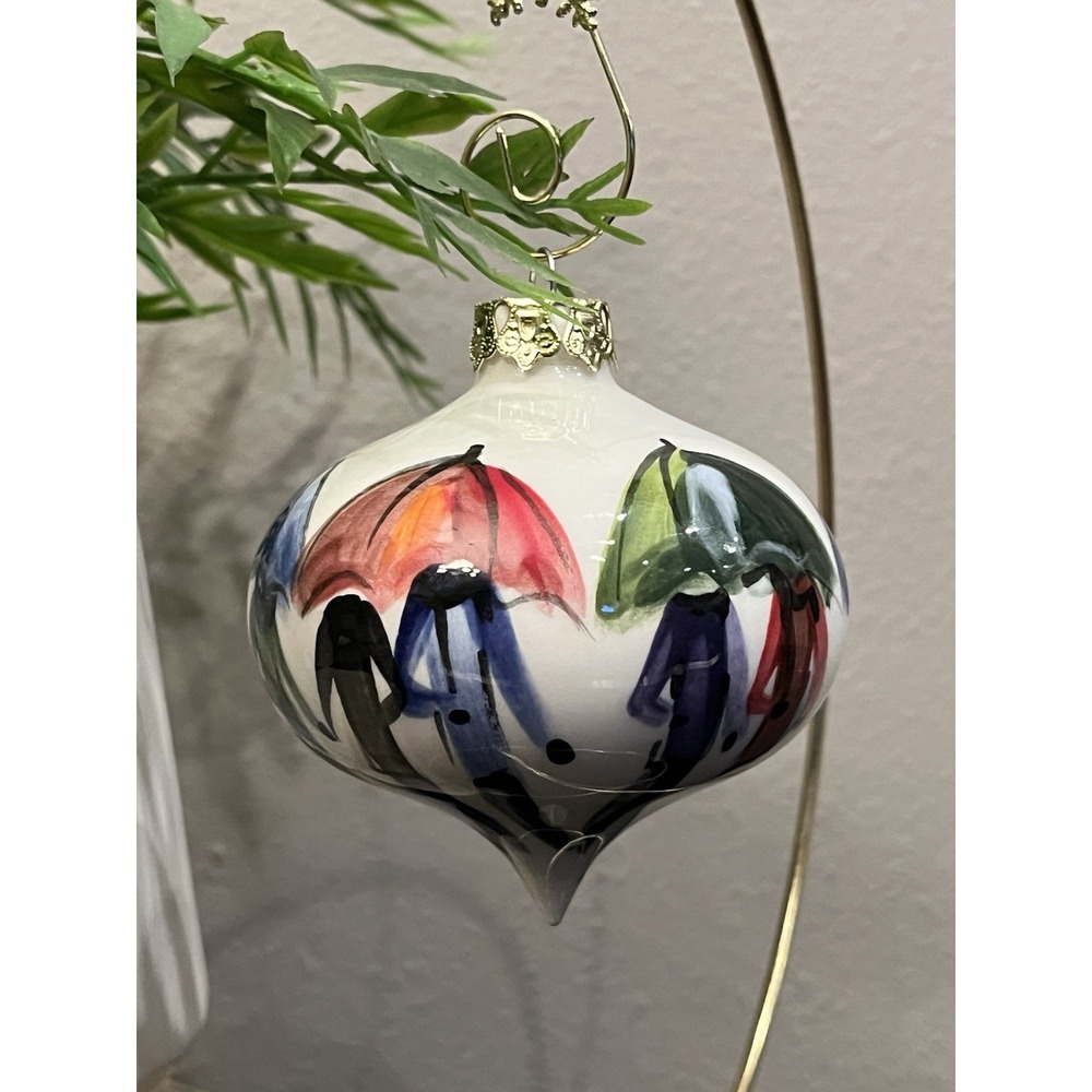Susan Butler Signed Umbrella Christmas Ornament Ceramic Hand Painted Seattle Art